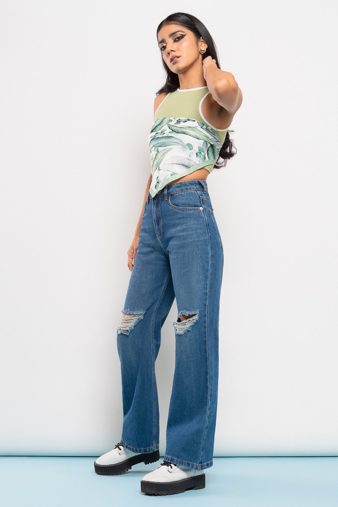 Blue Ripped Women's Wide Jeans