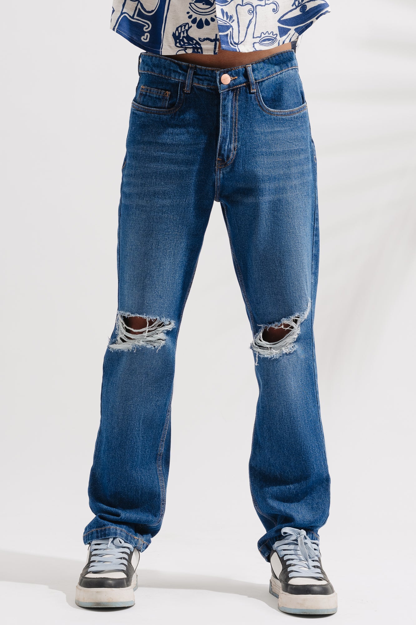 Lapis Blue Distressed Men's Wide Jeans
