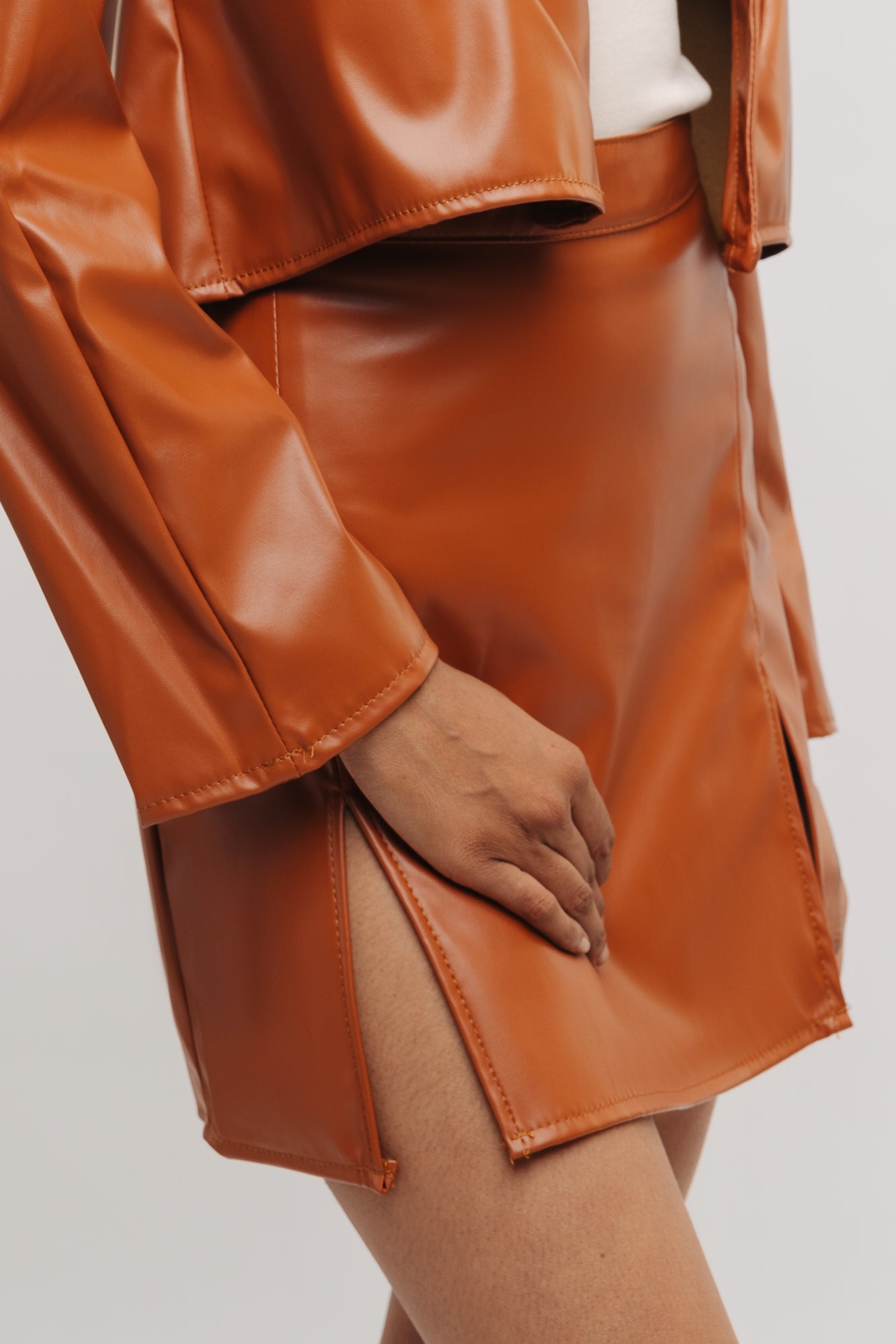Tan Front Slit Leather Skirt