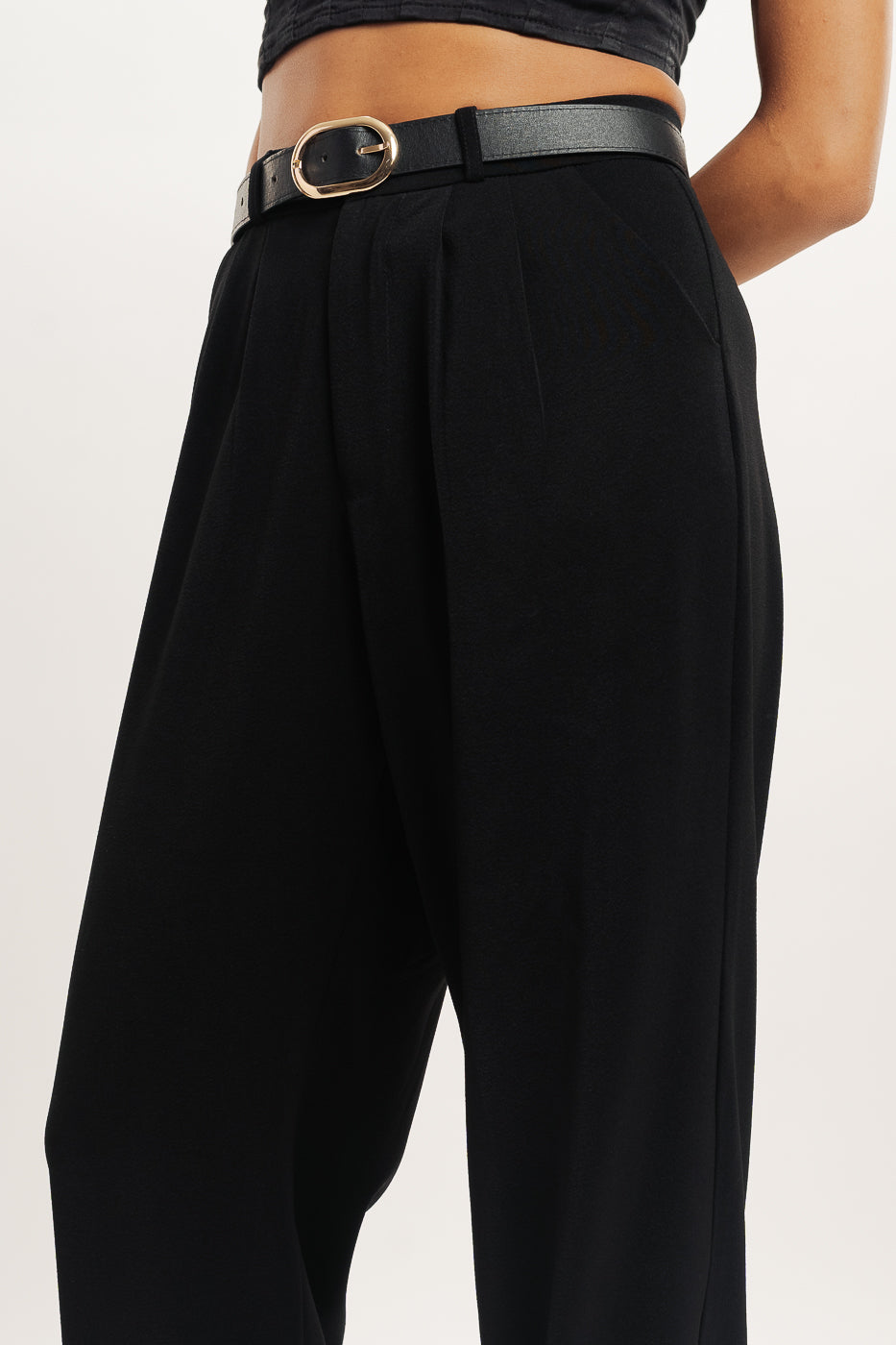 Black Double Pleated Women's Straight Korean Pants