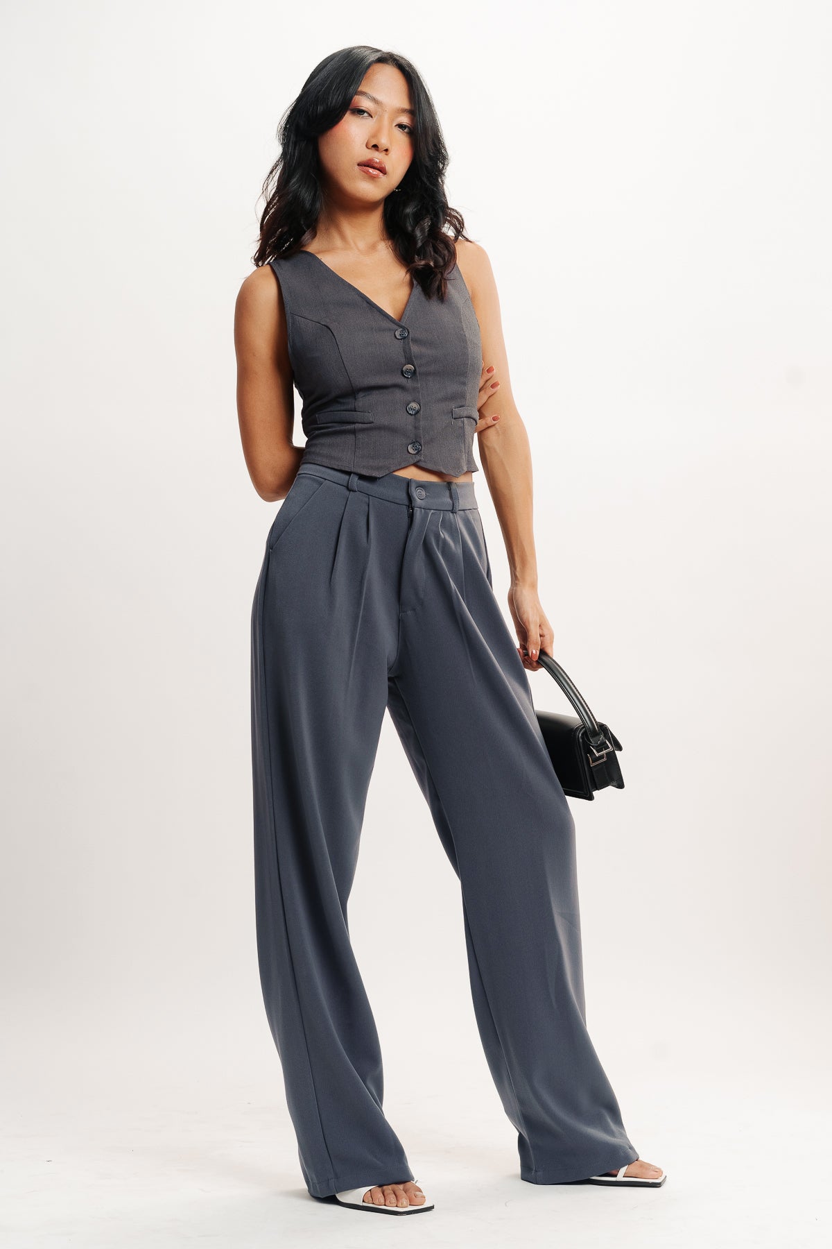 Grey Double Pleated Women's Wide Korean Pants