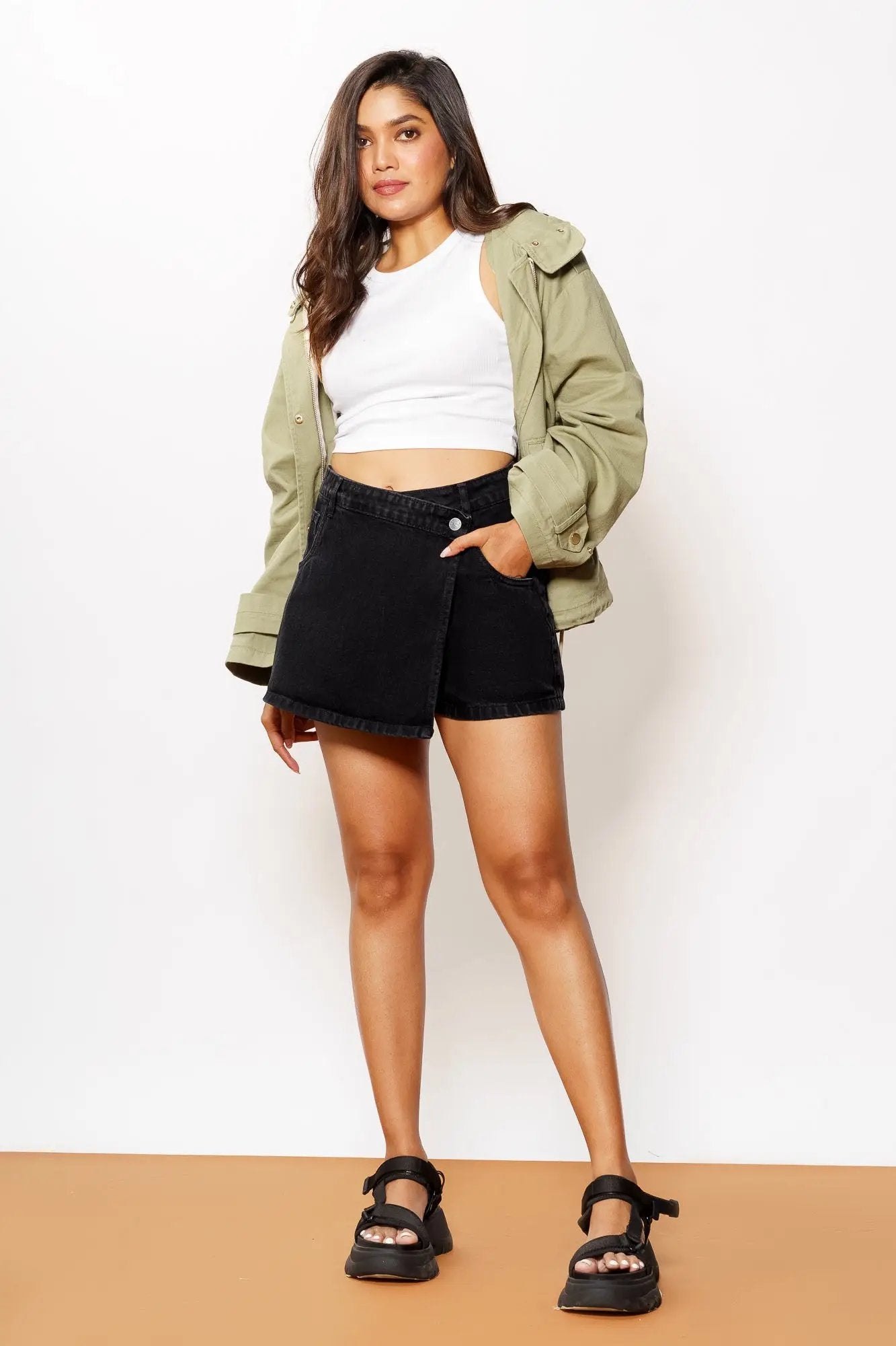 Charcoal Asymmetric Waistband Women's Denim Skort