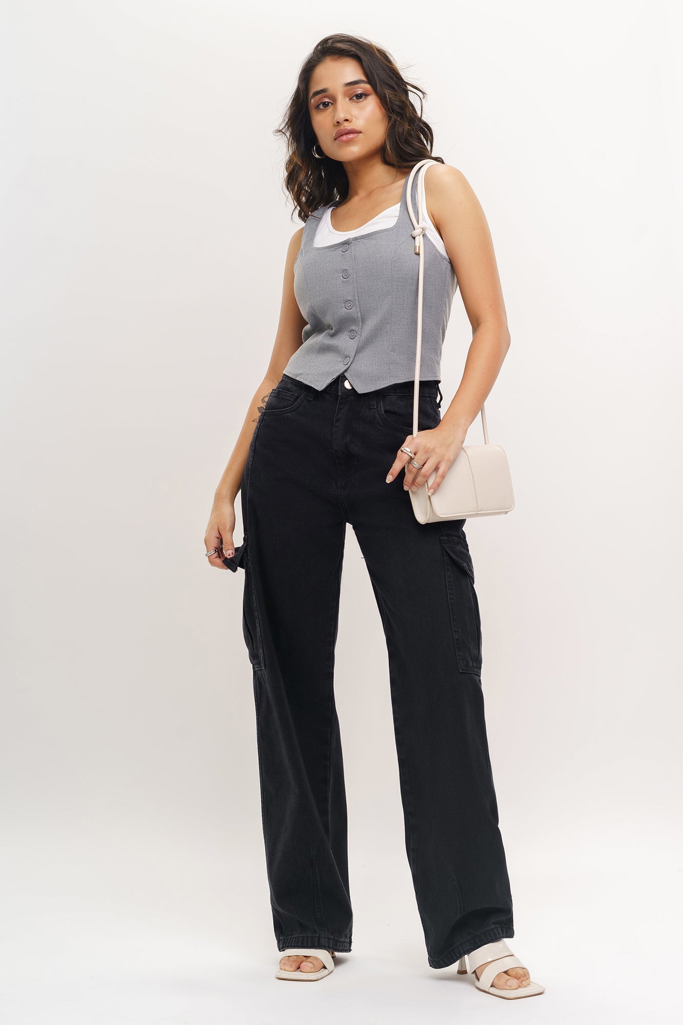 Charcoal Women's Baggy Straight Cargo Jeans