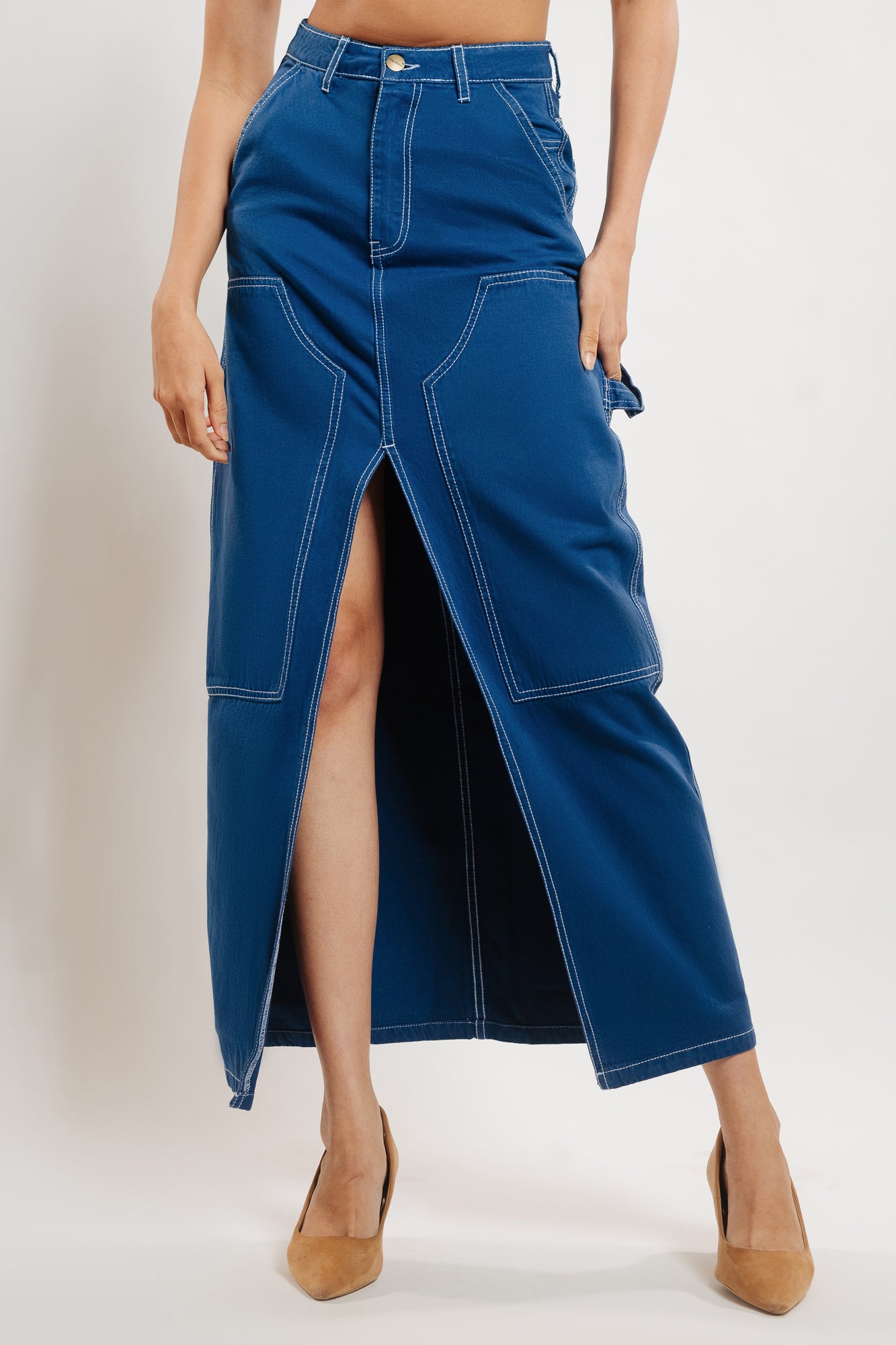Marine Blue Contrast Stitch Front Slit Women's Long Skirt
