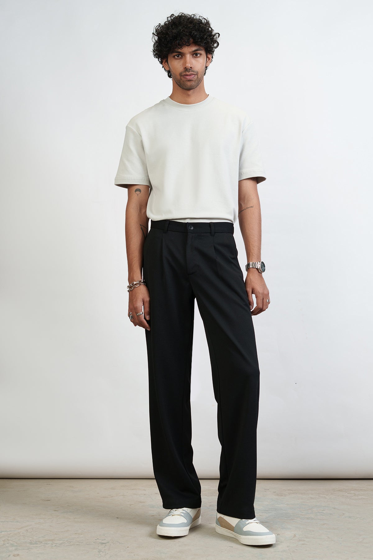 Rugged Black Pleated Men's Straight Korean Pants