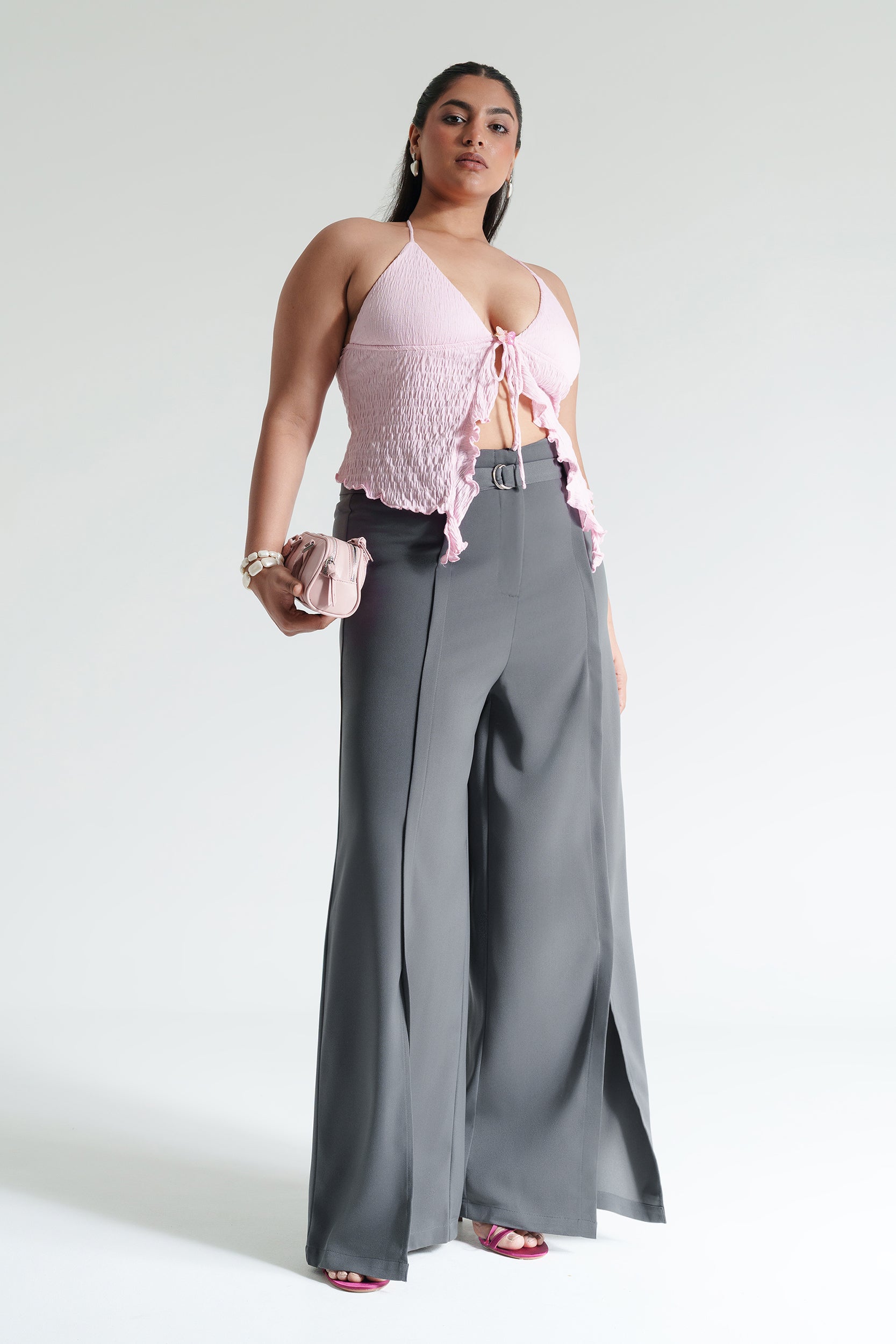 Curve Moon Grey Belted Flared Korean Pants
