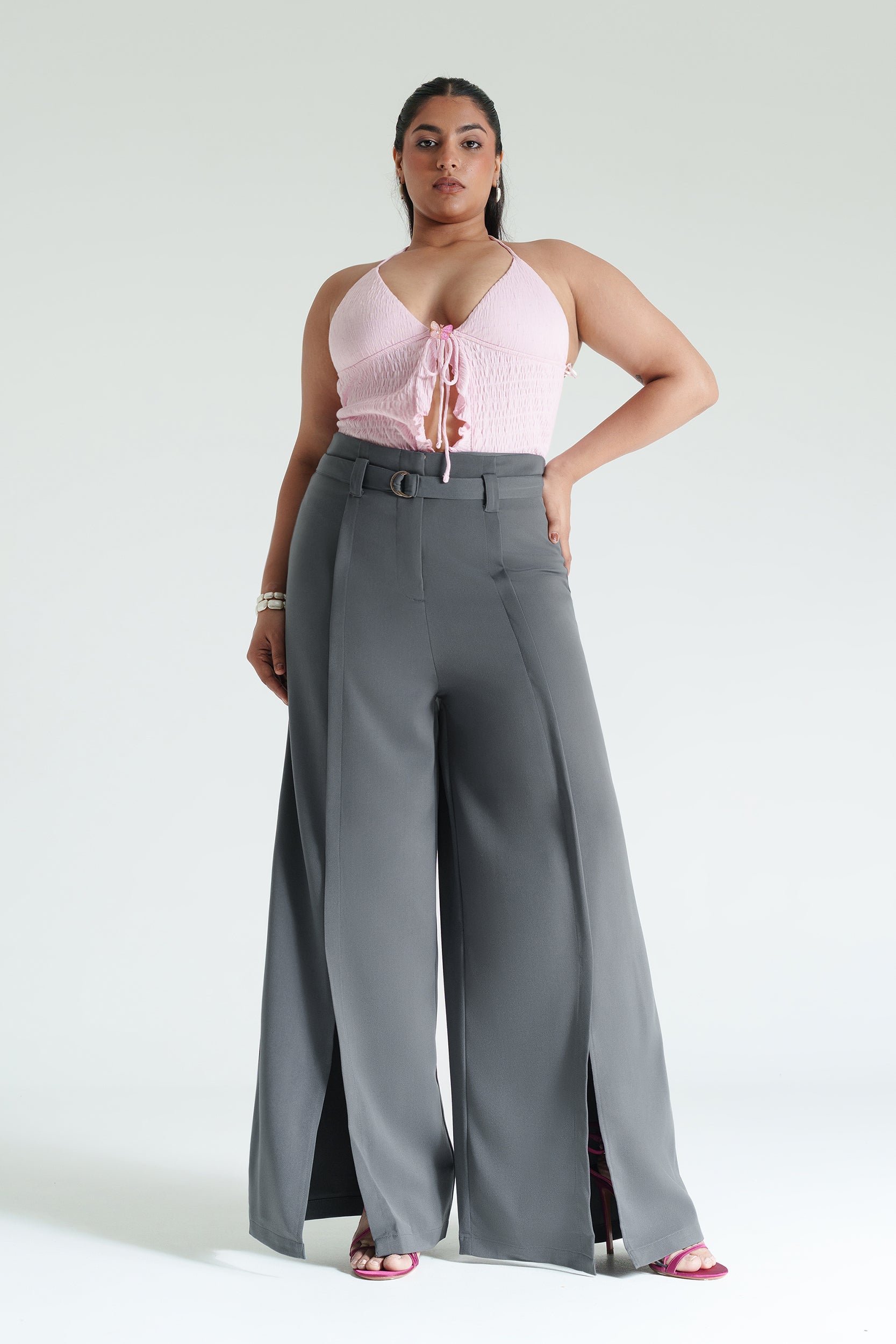 Curve Moon Grey Belted Flared Korean Pants