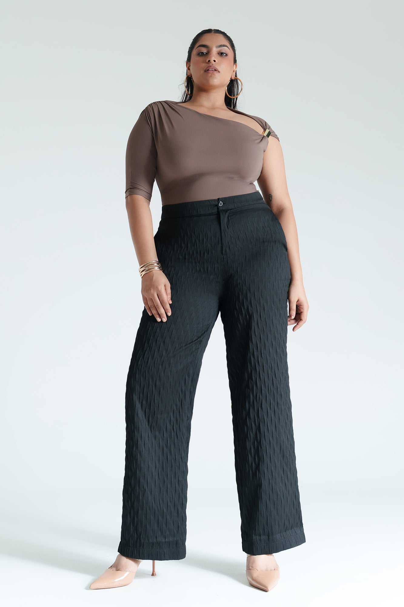Curve Black Textured Straight Pants