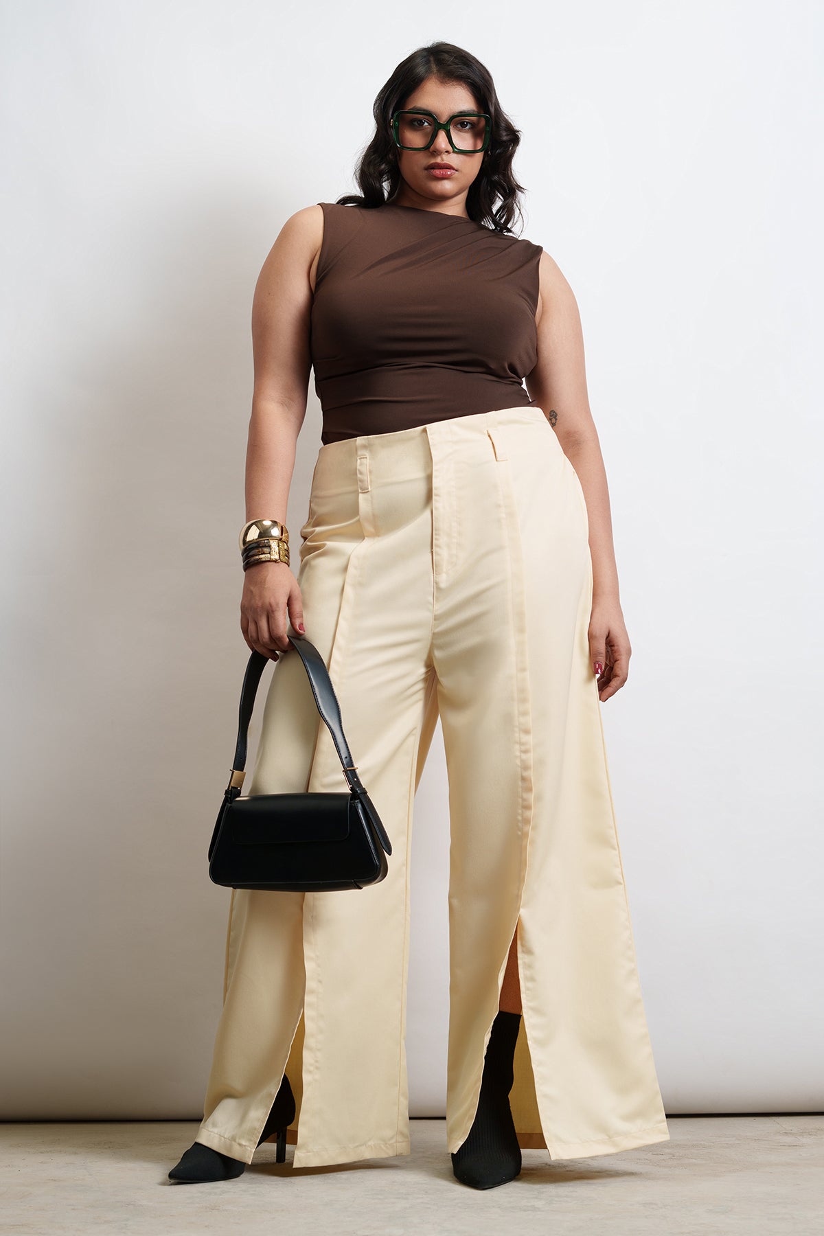 Butter Yellow Front Slit Curve Flared Korean Pants