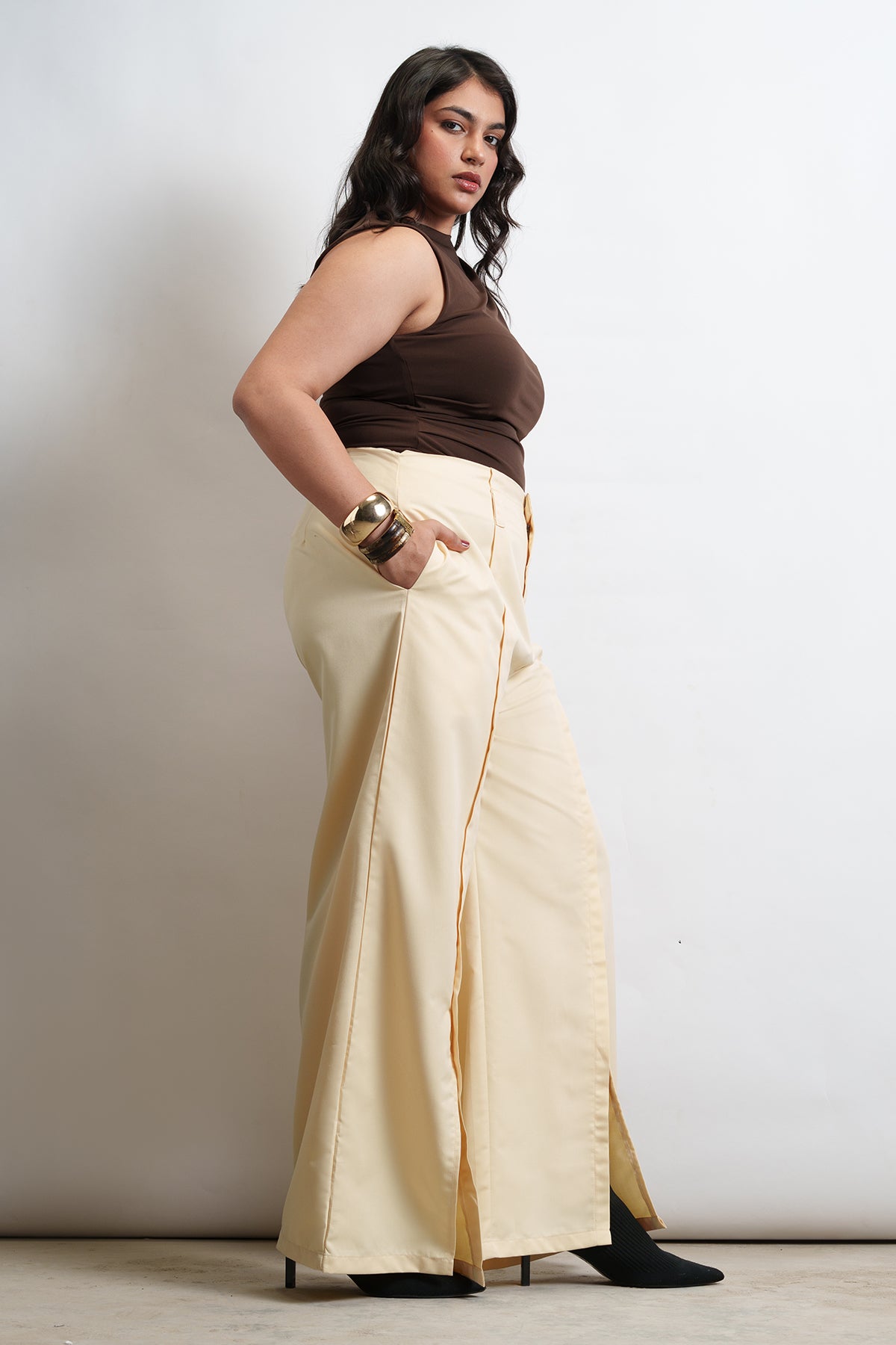 Butter Yellow Front Slit Curve Flared Korean Pants